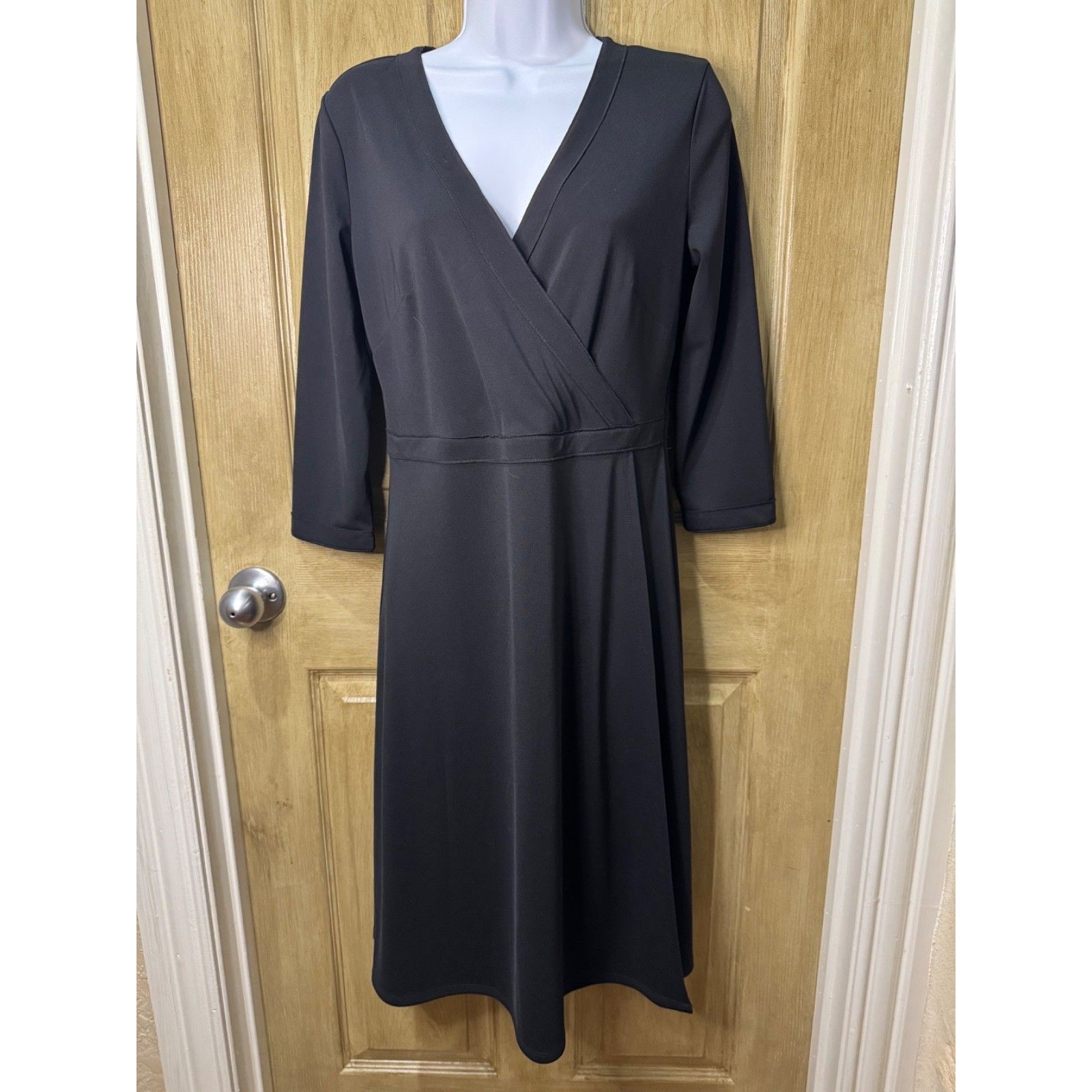 Black V-Neck Faux Wrap Dress 3/4 Sleeves Medium